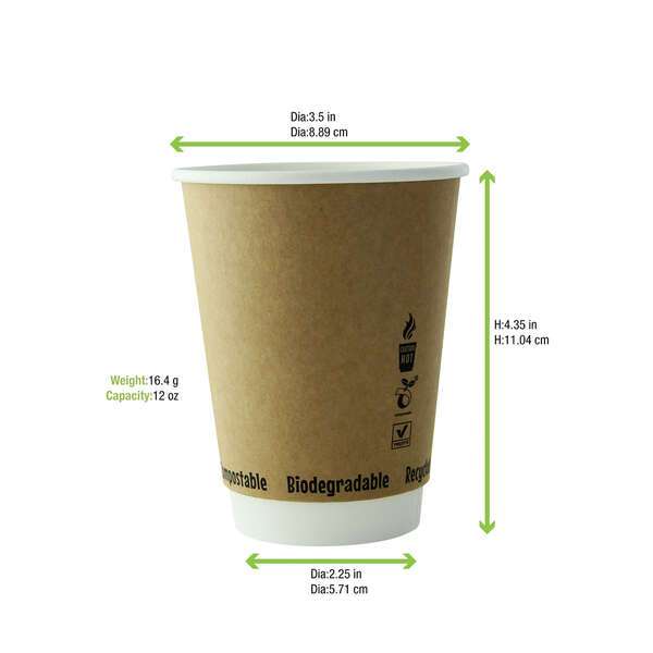 PacknWood 8NPGCDW12KR, 12 Oz Double Wall Kraft Compostable Paper Cup, 288/CS (Discontinued)
