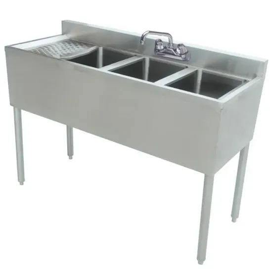 Prepline BAR-3C-L, 48x18-Inch Stainless Steel 3 Bowl Underbar Hand Sink with Faucet and Left Drainboard