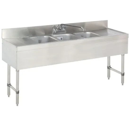 Prepline BAR-3C-LR, 60x18-Inch 3 Bowl Underbar Hand Sink with Faucet and Two Drainboard