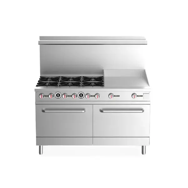 Prepline ENR6B60G24N, 60-Inch Commercial Range, 6 Burner, 2 Oven, 24" Flat Griddle - Natural Gas