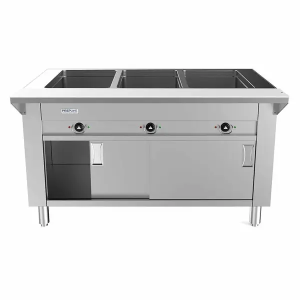 Prepline ESTC48-3S, 48-Inch Three Pan Sealed Well Electric Hot Food Steam Table with Enclosed Base and Sliding Doors - 120V, 1500W