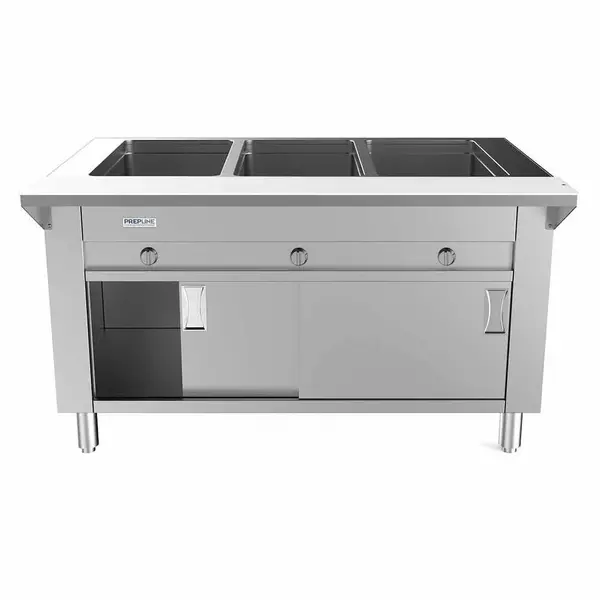 Prepline GSTC48-3S, 48-Inch Three Pan Sealed Well Gas Hot Food Steam Table with Enclosed Base and Sliding Doors