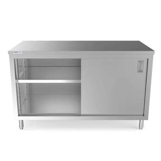 Prepline PC-3060, 30x60-Inch Stainless Steel Enclosed Base Work Table w/ Sliding Doors and Adjustable Shelf, NSF
