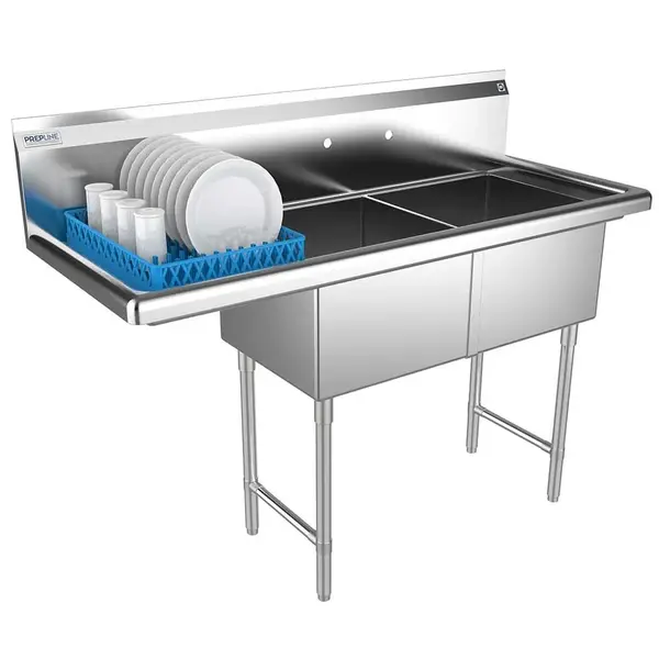 Prepline XS2C-1818-L, 56.5-inch 2-Compartment Commercial Sink with Left Drainboard, 18x18-inch Bowls