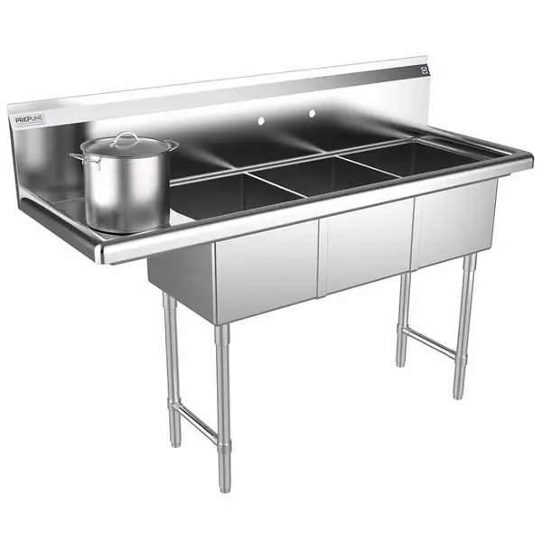 Prepline XS3C-1416-L, 56-inch 3-Compartment Commercial Sink with Left Drainboard, 14x16-inch Bowls