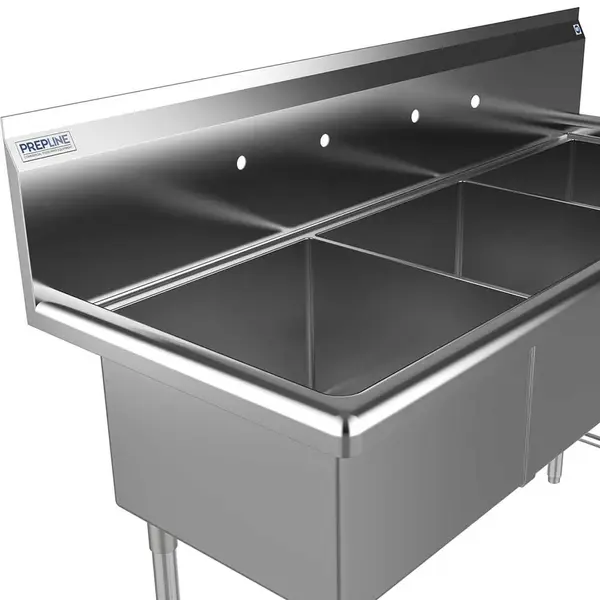 Prepline XS3C-1818, 60-inch 3-Compartment Commercial Sink, 18x18-inch Bowls