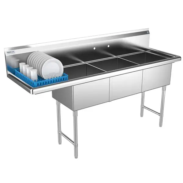 Prepline XS3C-1818-L, 74.5-inch 3-Compartment Commercial Sink with Left Drainboard, 18x18-inch Bowls