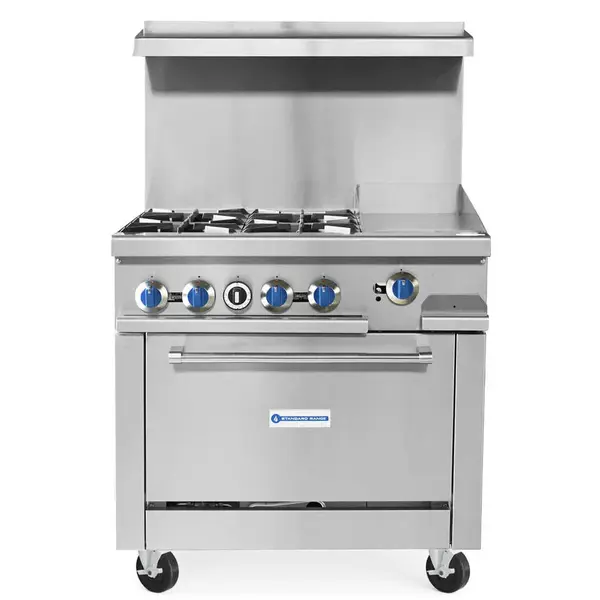 Standard Range SR-R36-12MG, 36-Inch Commercial Gas Range w/ 4 Burners, 12_Inch Griddle Top, 1 Oven - 153,000 BTU