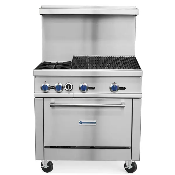 Standard Range SR-R36-24CB, 36-Inch Commercial Gas Range with Char-Broiler Top, 2 Burners, 1 Oven - 163,000 BTU