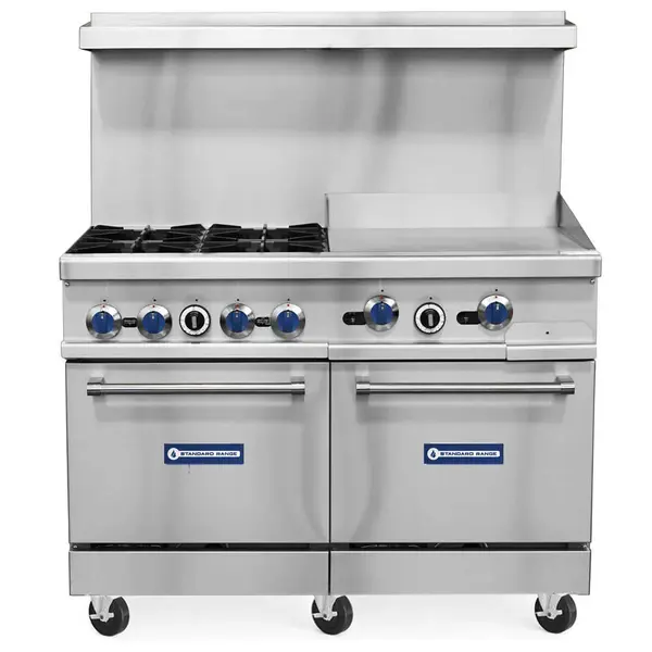 Standard Range SR-R48-24MG, 48-Inch Commercial Gas Range w/ 4 Burners, 24-Inch Griddle Top, 2 Ovens - 246,000 BTU