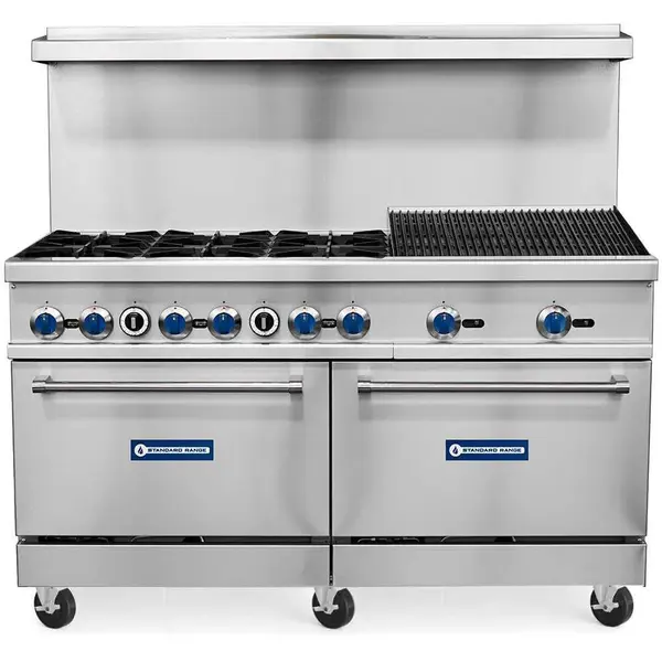 Standard Range SR-R60-24CB, 60-Inch Commercial Gas Range w/ 24-Inch Charbroiler, 6 Burners, 2 Ovens