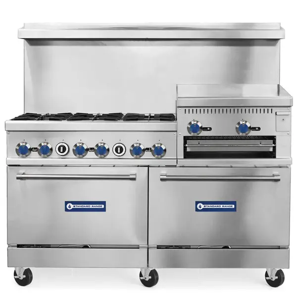 Standard Range SR-R60-24RG, 60-Inch Commercial Gas Range, 6 Burner, 2 Oven, 24-Inch Raised Griddle / Broiler