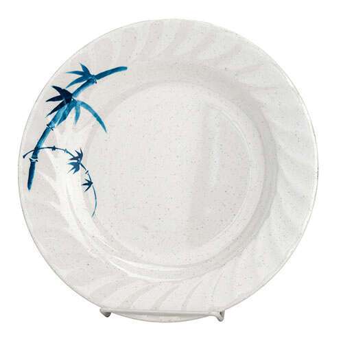 Thunder Group 1210BB 10.5 Inch Asian Blue Bamboo Melamine Round Curved Rim White Plate, DZ