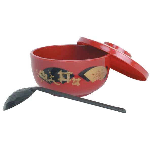 Thunder Group PLNB001, 30 Oz 5.75x3-inch Donburi Red Bowl with Lid and 2.5x5.75-inch Black Spoon, Set of 3