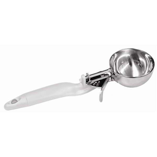 - SLDS006L, 5.3-Ounce Stainless Steel Lever Disher, Coated Handle, White
