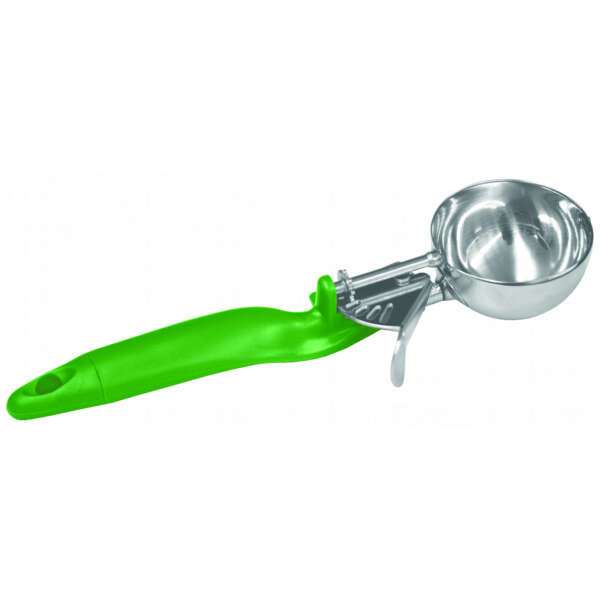 - SLDS012L, 2.6-Ounce Stainless Steel Lever Disher, Size 12, Coated Handle, Green