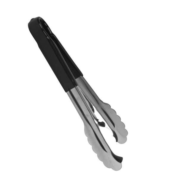 Thunder Group SLTG810K, 10-Inch 1-Piece Stainless Steel Utility Tong, Scallop Grip, Coated Handle, Black