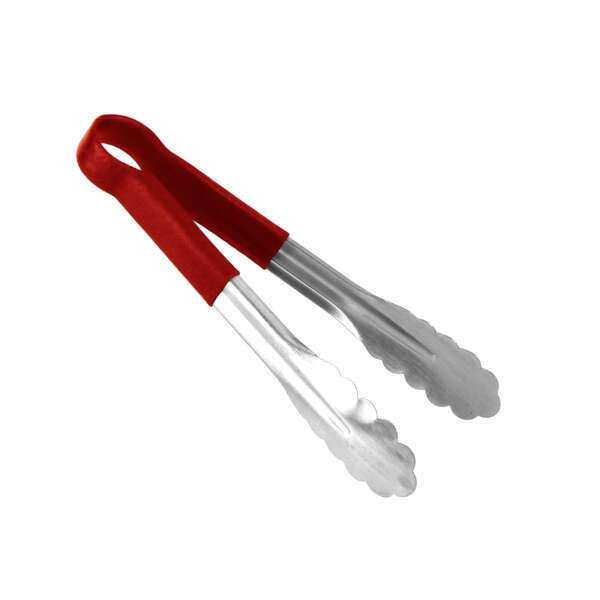 Thunder Group SLTG810R, 10-Inch 1-Piece Stainless Steel Utility Tong, Scallop Grip, Coated Handle, Red