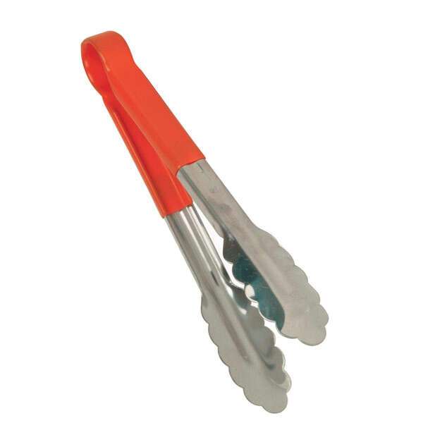 - SLTG812R, 12-Inch 1-Piece Stainless Steel Utility Tong, Scallop Grip, Coated Handle, Red
