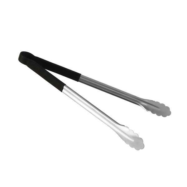 Thunder Group SLTG816K, 16-Inch 1-Piece Stainless Steel Utility Tong, Scallop Grip, Coated Handle, Black