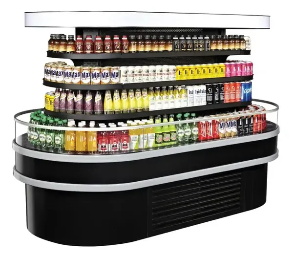 Turbo Air TIOM-48RSRB-N, 96-inch Oval Island Display Case, Black Self-Serve Merchandiser