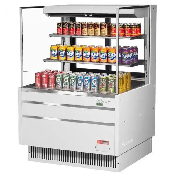 Turbo Air TOM-36L-UFD-W-3S-N, 34-inch 2 Shelf Low Profile White Open Display Case, Rear Sliding Door