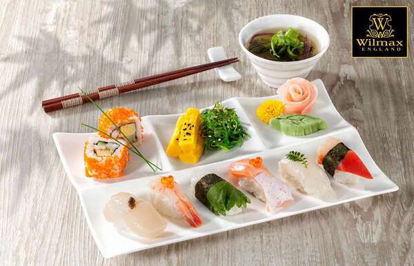 Wilmax WL-992598/A 12x8-Inch White Porcelain 4-Compartment Platter, 18/CS