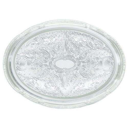 - CMT-1014, 15x10.5-Inch Chrome Plated Oval Serving Tray with Engraved Edge