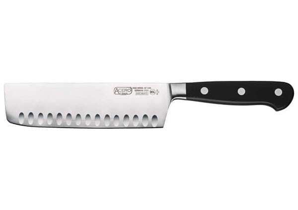 - KFP-73, 7-Inch Acero Nakiri Knife, Hollow Ground, POM Handle, Black, NSF
