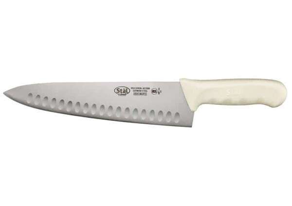 - KWP-101, 10-Inch Stal High Carbon Steel Chef's Knife, Polypropylene Handle, Hollow Ground, White, NSF