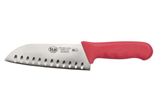 - KWP-70R, 7-Inch Stal High Carbon Steel Santoku Knife, Polypropylene Handle, Red, NSF
