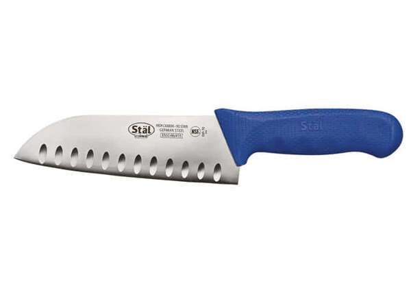 - KWP-70U, 7-Inch Stal High Carbon Steel Santoku Knife, Polypropylene Handle, Blue, NSF