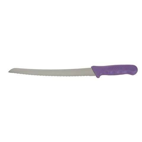 - KWP-91P, 9.5-Inch Stainless Steel Curved Bread Knife, Purple Handle, NSF