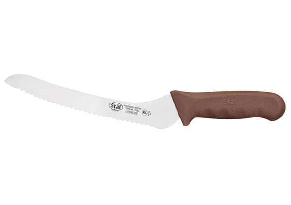 - KWP-92N, 9-Inch Stal High Carbon Steel Offset Bread Knife, Polypropylene Handle, Brown, NSF
