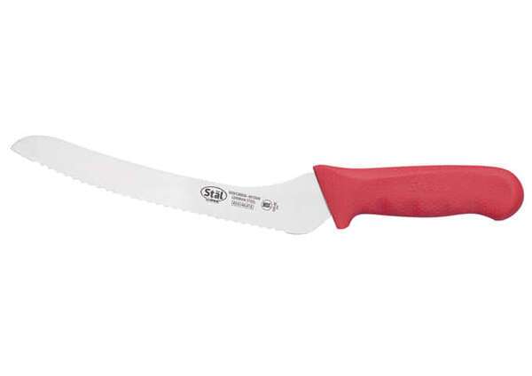 - KWP-92R, 9-Inch Stal High Carbon Steel Offset Bread Knife, Polypropylene Handle, Red, NSF