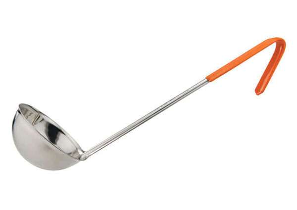 - LDCN-8, 8 Oz 12-Inch One Piece Stainless Steel Soup Ladle w/Coated Handle, Orange, NSF