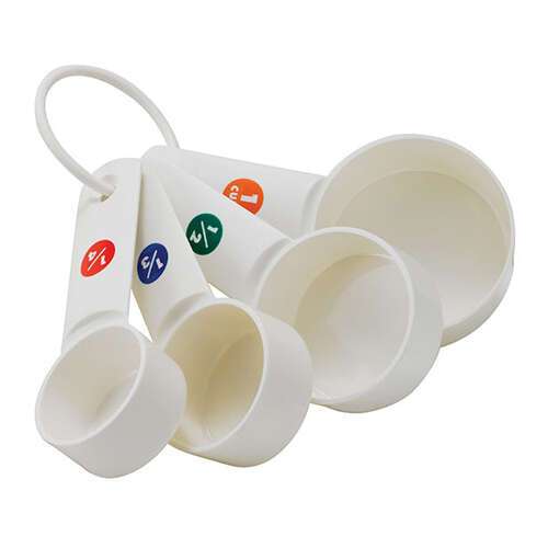 - MCPP-4, Set of White Plastic Measuring Cups with Capacity Marking, 0.25, 0.33, 0.5 and 1 Cup