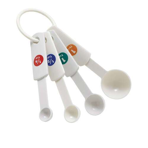 - MSPP-4, Set of White Plastic Measuring Spoons with Capacity Marking, 0.25, 0.5, 1 Teaspoon and 1 Tablespoon