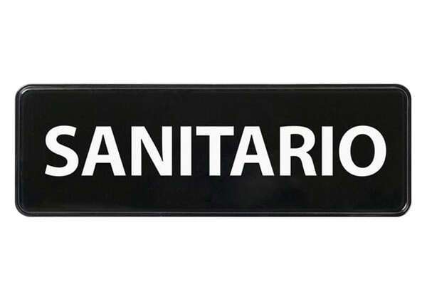- SGN-367 9x3-inch 'Sanitize' Black Information Sign, Spanish