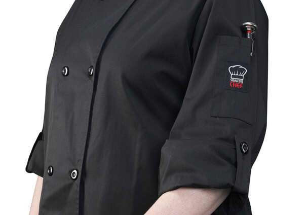 UNF-12KM, Black Ventilated Chef Jacket with Roll-Tab Sleeves and Tapered Fit, Medium