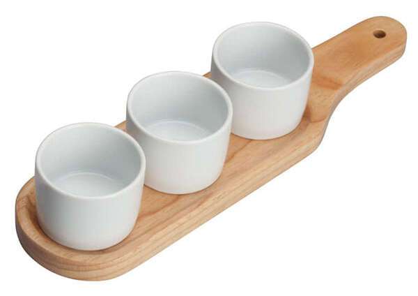 Winco WDP015-103, 11.63 x 3.12-Inch Ardesia Newry Porcelain Trio 3 Oz Sauce Dish Set w/Wooden Plate, Bright White, 24/CS (Discontinued)