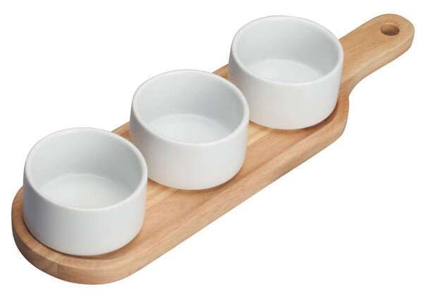 Winco WDP015-104, 15.25 x 4.12-Inch Ardesia Newry Porcelain Trio 4.5 Oz Sauce Dish Set w/Wooden Plate, Bright White, 24/CS (Discontinued)