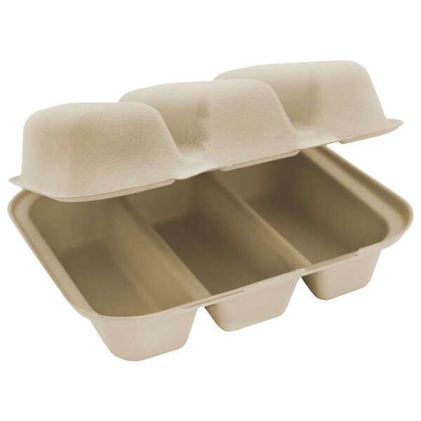 World Centric TO-SC-T3-LFS, 8x7x3-Inch 3-Compartment PFAS-Free Fiber Hinged Taco Box, 200/CS