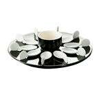 C.A.C. PTP-21-BLK, 7 Oz Porcelain Black/White Bowl & 10 Tasting Spoons with 12.25-Inch Round Black Tray, 4-Set/CS