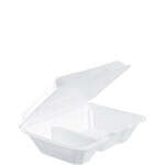 Dart 205HT2, 9x6x3-Inch Performer White Two Compartment Foam Container w/Removable Hinged Lid, 200/CS