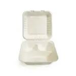 Green Wave PF-EV-B083, 8x8x3-Inch Evolution Bio Bagasse 3-Compartment Container with a Hinged Lid, 300/CS
