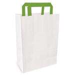 PacknWood 210MCABB20, 8-inch White Recycled Paper Carrier Bag with Green Handles, 250/CS