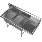 Prepline XS2C-1818-R, 62.5-inch 2-Compartment Commercial Sink with Right Drainboard, 18x18-inch Bowls