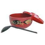 Thunder Group PLNB001, 30 Oz 5.75x3-inch Donburi Red Bowl with Lid and 2.5x5.75-inch Black Spoon, Set of 3