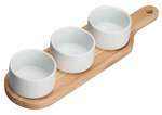 Winco WDP015-104, 15.25 x 4.12-Inch Ardesia Newry Porcelain Trio 4.5 Oz Sauce Dish Set w/Wooden Plate, Bright White, 24/CS (Discontinued)